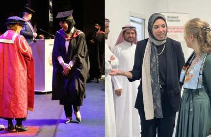 Heba Ewida walks across the stage during her graduation / Heba talks with a blonde-haired woman