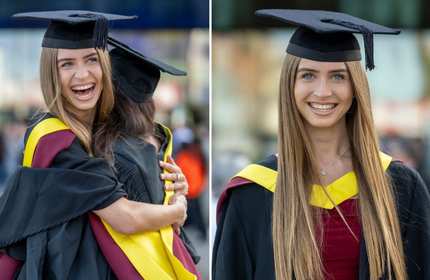 Two images of a young woman at a graduation ceremony. In the first image, she is hugging someone and smiling broadly. In the second image, she poses confidently, smiling at the camera, wearing a graduation cap and gown with a colorful stole.