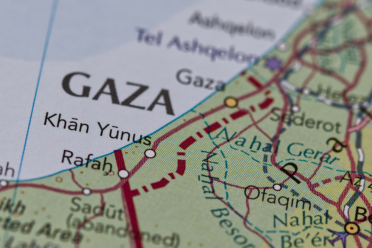 Close-up of a map displaying the Gaza area, featuring key locations like Khān Yūnus, Rafah, and surrounding regions.