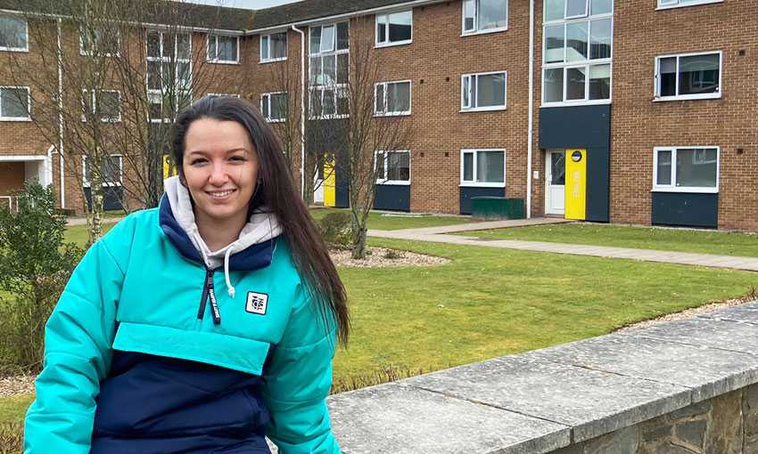 Jodie Edwards in front of the Cyncoed campus University accommodation
