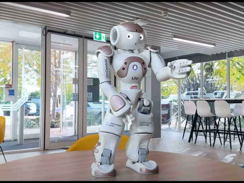 Humanoid robot stands on a wooden table