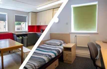 Split image of a room featuring a bed, desk, and chair, and shared kitchen at Plas Gwyn.