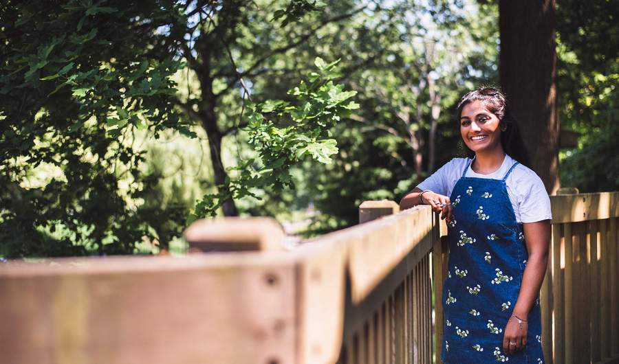 A person leans against wooden fencing. In the background are several trees with green leaves.