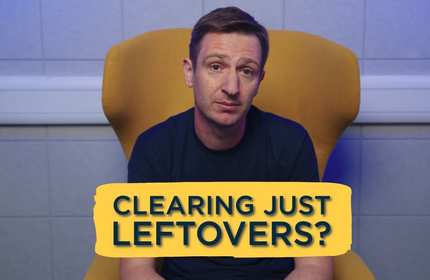 A man sits on a yellow chair with the text 'Is Clearing just leftovers?' in front of them