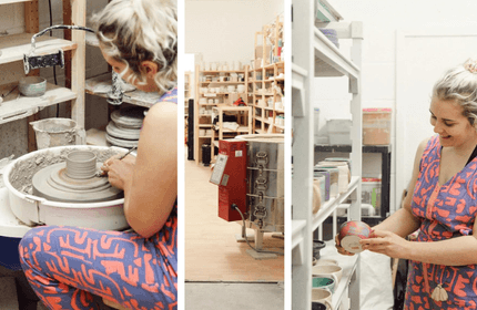 A person is shaping clay on a pottery wheel, surrounded by shelves of pottery. The middle image shows the interior of a ceramics studio with shelves and equipment. In the third image, the person examines a finished ceramic piece.