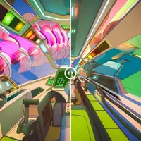 Two views of a futuristic train interior showcasing sleek design and advanced technology.